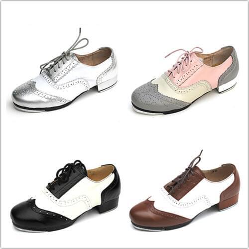 Men Shoes Sneakers Sports Women Genuine Leather Tap Dance Shoes Color Matching Lace Breathable High Quality Aluminum Rubber Sole