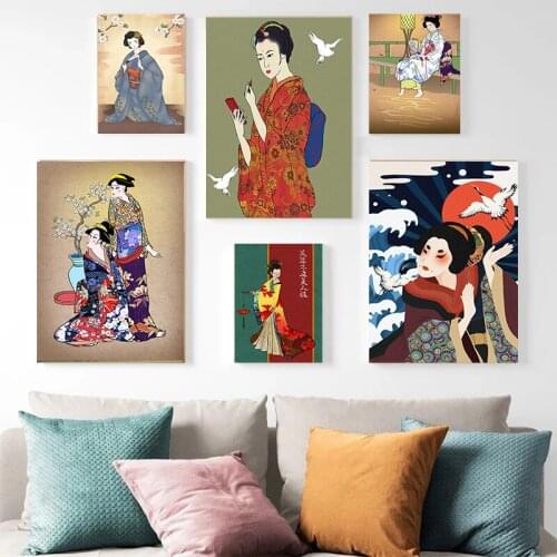 Retro Japanese Anime Poster Canvas Painting Japanese Geisha Play and Play Frameless Art Poster Wall Stickers Home Decor