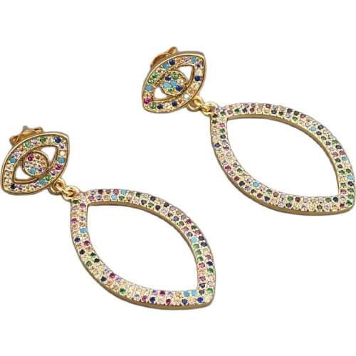 JK Yellow Gold Plated Cz Pave Colorful Cz Eye Oval Earrings