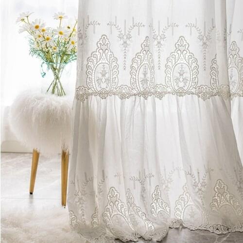 Luxury 100% Cotton Semi-blackout White Curtains French Retro Princess Style Cortinas Embroidery Curtain Drapes for Living Room