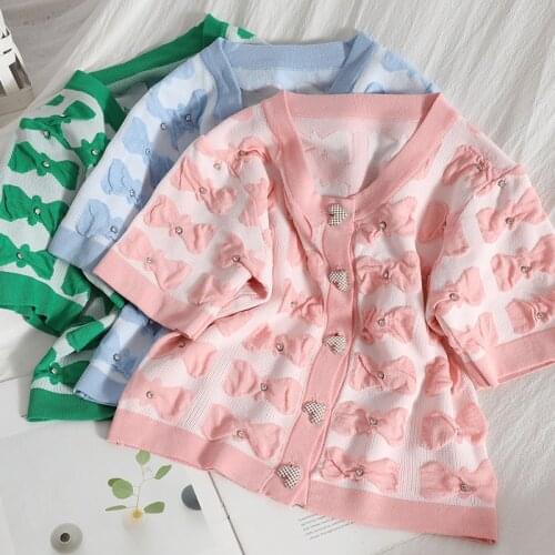 Sweet Age Reduction Cardigan Summer Clothing Love Button Round Neck Knitted Sweater Slim Bow Diamonds Short Sleeve Tops Female