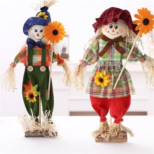 Scarecrow Ornaments Standing Flower Straw Doll Desktop Layout Halloween Decoration for Home Kindergarten Room Classroom
