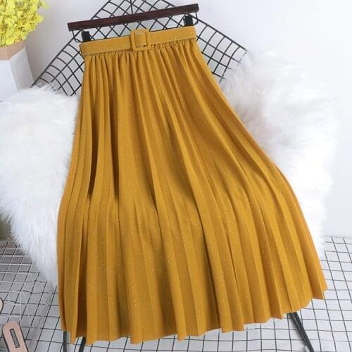 2021 Spring New Elastic High Waisted Skirt Mid-Length Solid Color Wild Pleated Skirt Womens Fashion With Belt Jupe Femme zh106