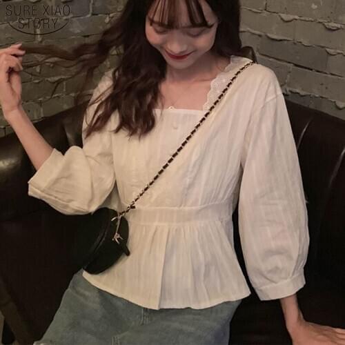2021 Nine Quarter Sleeve Casual Ladies Top Summer Blouse Women Vintage Lace Slim Lantern Sleeve Shirts Women Square Collar 9697