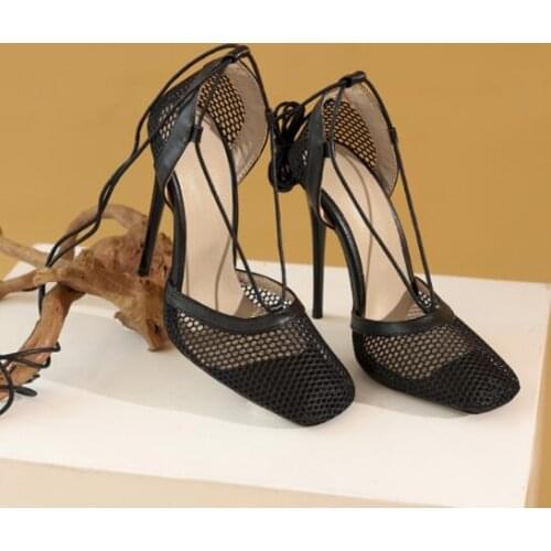 Moraima Snc Square Toe Lace-up Woman Sandal Mesh Grid Thin Heels Party Dress Shoes Summer Gladiator Sandal Black White