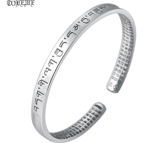 Handmade 999 Silver Women Bangle Solid Silver Buddhist Heart Sutra Cuff Bracelet Pure Silver Padmasambhava Mantra Bangle