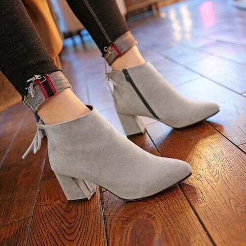 Pointed toe winter boots plush ankle boots women shoes 2021 fashion solid flock high heels women snow boots ladies shoes ZIP