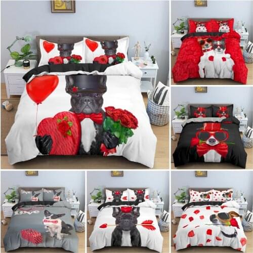Bulldog Dog Roses Background Duvet Cover Quilt Cover Set Bedroom Decor For Valentines Present Bedclothes King Queen 2/3Pcs