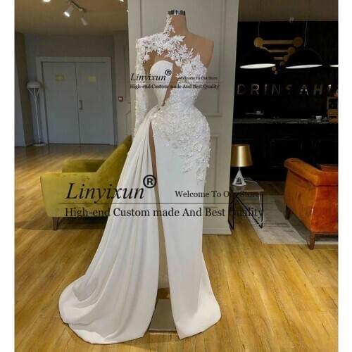 2020 Arabic Dubai Exquisite Lace White Prom Dresses High Neck One Shoulder Long Sleeve Formal Evening Gowns Side Split Party Dre