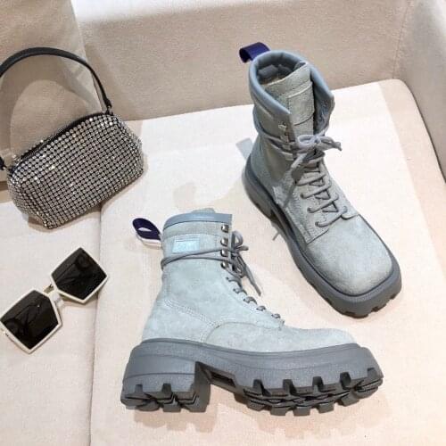2020 Women Ankle Motorcycle Boots Short Platform Autumn Lace Up Square Toe Genuine Leather Shoes Woman Zapatos De Mujer