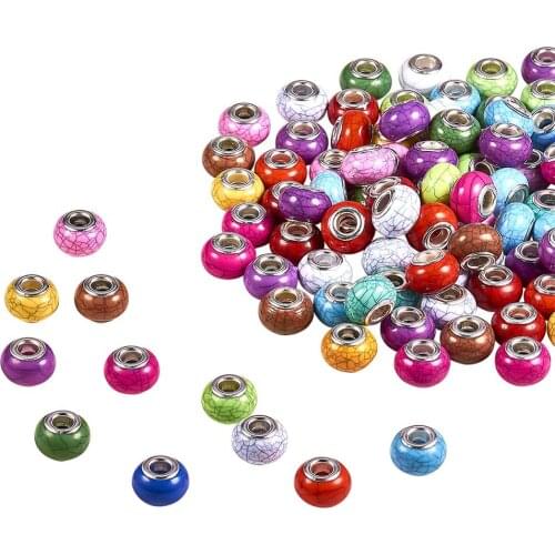 Acrylic European Beads, Large Hole Beads, with Silver Tone Brass Double Cores, Rondelle, Multiple Colors To Choose