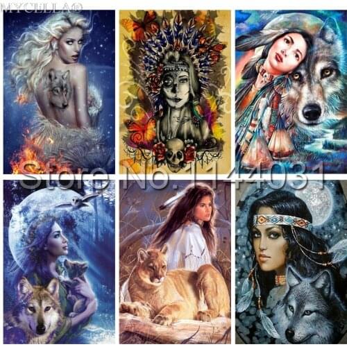 Diy Diamond Painting Wolf And Woman Rhinestones Canvas Paint Full Diamond Mosaic Embroidery Animals Cross Stitch Christmas Gift
