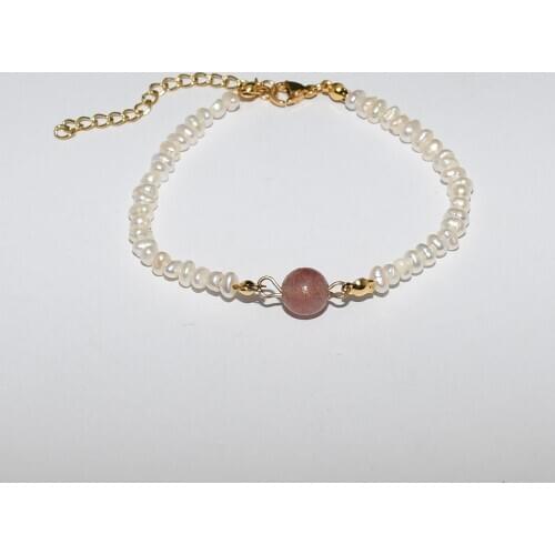 3.5mm real freshwater pearl bracelet stainless steel metal gold-plated pearl bracelet strawberry middle stone gift bracelet