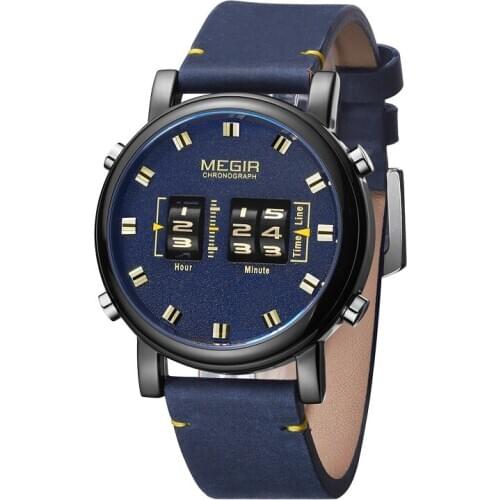 MEGIR Digital Watch Man Luxury Top Brand Quartz Watches Men Leather Relogio Masculino 2019 New Army Drum Roller Wristwatch 2137