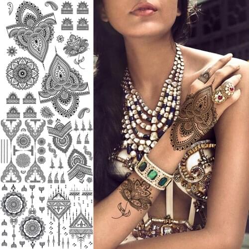 Black Henna Mandala Lace Sexy Arm Temporary Tattoos For Women Adult Geometry Fingers Realistic Fake Tattoo Sexy Tatoo Sticker
