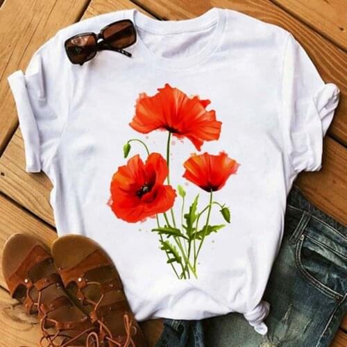 Summer New Red Poppy Printed T Shirt Ladies Casual Harajuku Graphic Short Sleeve Women T-shirt O-neck Top Tees