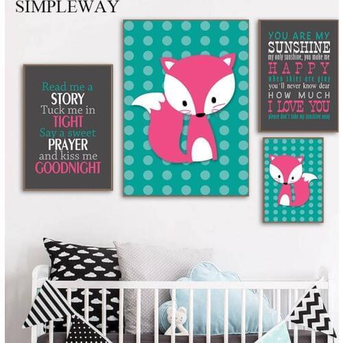 Baby Nursery Quotes Wall Art Canvas Painting Blue Cartoon Animal Fox Poster Child Print Nordic Kids Bedroom Decoration Picture