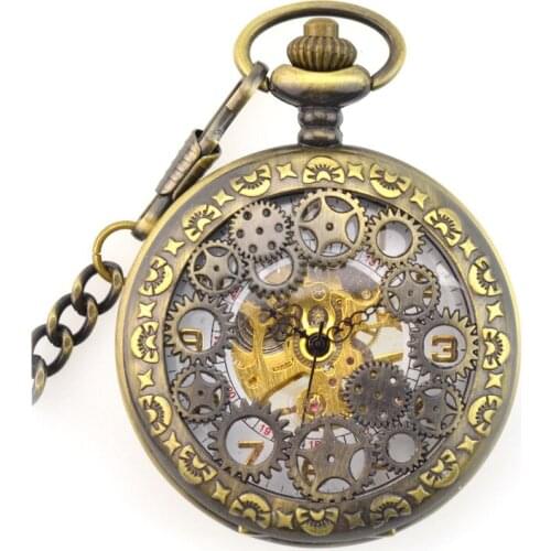 Brown Antique Gear Skeleton Mechanical Hand Wind Pocket Fob Watches Clamshell Mens Watch Pendant Necklace Retro Souvenir Gift
