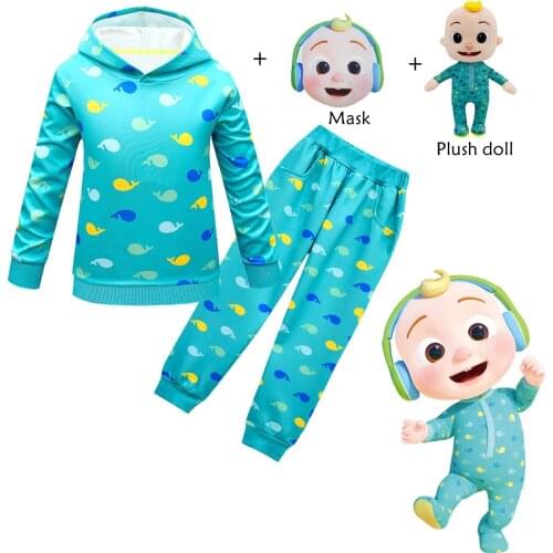 Boys Halloween Cocomelon Costume Anime Cosplay Clothes Carnival Party Long Sleeve Hoodies Kids Tops+Pants Mask JJ Plush Doll Set