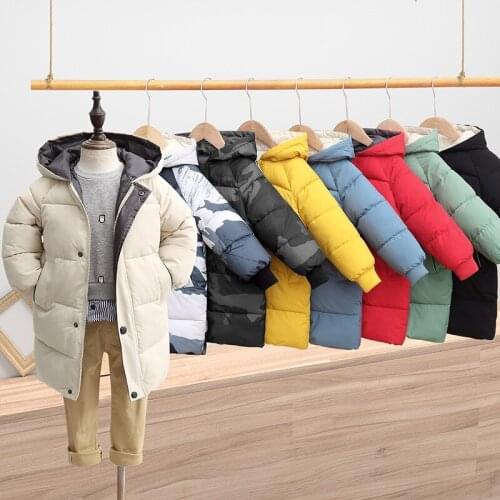 New Children Cotton Down Padded Jackets Winter Mid-length Thick Warm Coat Boys And Girls Fashion Solid Hooded Snow Outerwear