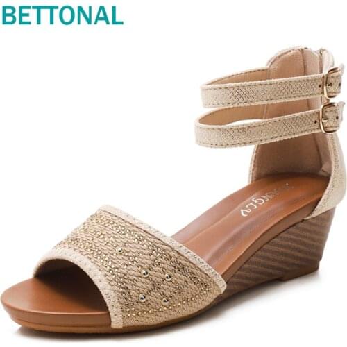BETTONAL roman shoes women sandals wedge fashion rhinestones 2021 summer ladies sandles party gladiator elegant female sandalias