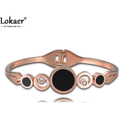 Lokaer Fashion Geometry Round Shape Black Acrylic Bangles & Bracelet For Women Rose Gold CZ Crystal Office/Career Jewelry B17004
