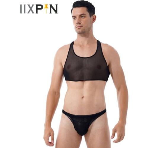 Mens Transparent Mesh Sleeveless Cropped Crop Tops With Low Waist G-string Thong Briefs Sexy Lingerie Suit For Beach Pool Party