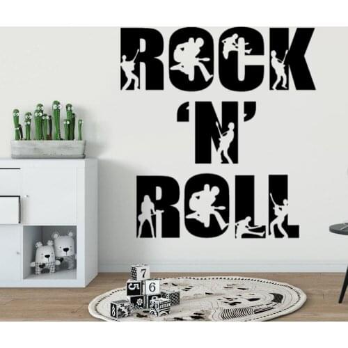 Rock N Roll Text With Human Playing Guitar Wall Vinyl Art Word Text Sticker For Home Room And Hotel Decoration A001585