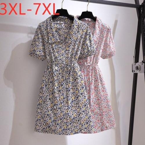 New 2021 Ladies Summer Plus Size Shirt Dress For Women Large Short Sleeve Loose Cotton Floral Print Dress 3XL 4XL 5XL 6XL 7XL
