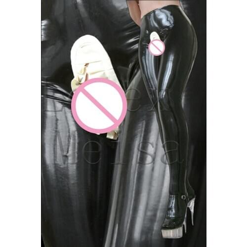 Novelty white ruffle crotch decoration latex pants womens Fetish latex leggings in black color