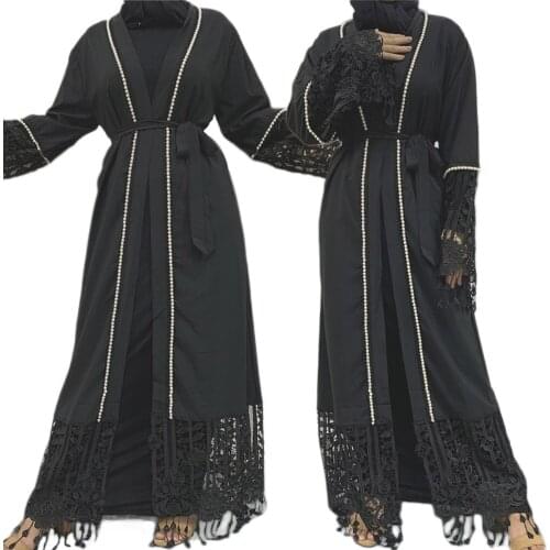 Open Kimono Muslim Women Ramadan Abaya Long Dress Lace Patchwork Hollow Out Beading Party Cardigan Maxi Robe Jilbab Middle East