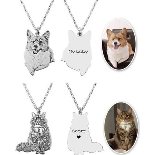 Custom Pet Cat Photo Silver Necklace Pendant Engraved Words 925 Sterling Silver Dog Photo Necklace Women Men Memorial Best Gift