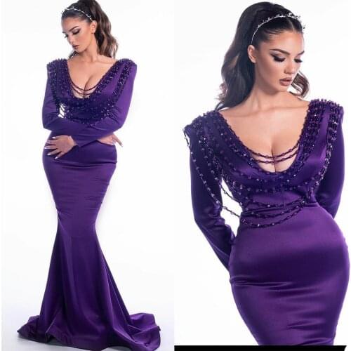 Sexy Noble Purple Prom Dress Crystal Beading V Neck Long Sleeve Mermaid Evening Gowns Sweep Train Special Occasion Dresses