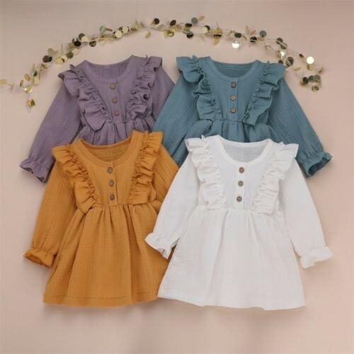 1-6Y Toddler Kids Baby Girl Autumn Dress Long Sleeve Ruffles Solid Cotton Linen Party Casual Dress Clothes