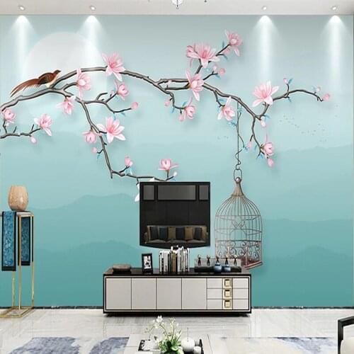 Custom Photo Wallpaper New Chinese Style Mural 3d Hand-painted Pink Flower Bird Blue Background Interior Room Wall Art Decor
