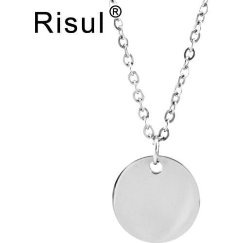 Risul Stainless steel coin women necklaces 15mm disc round tags mirror polished blank ID tags Necklace Rolo chain choker 10pcs