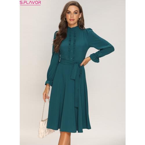 S.FLAVOR Female Turtleneck Long Sleeve Slim Dress Women Vintage A Line Party Vestidos Autumn 2021 New Elegant Solid Dress