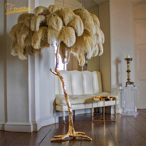 Modern Ostrich Feather Floor Lamp Lighting Nordic Light Luxury Standing Lamps Bedroom Hotel Floor Lamp Golden Gloss Feather Lamp