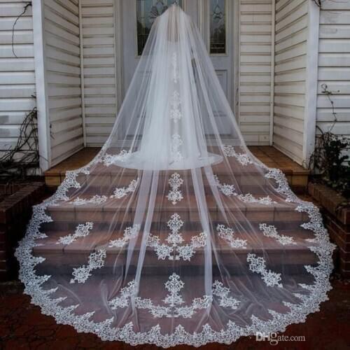 Cathedral Length Wedding Veils Custom Made White Ivory Champagne Bridal Veils with Comb Lace Appliqued Cheap Wedding Veil