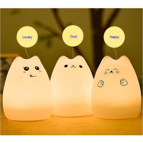 LED 7 Colors Cat USB Rechargeable Touch Sensor Children Night Light Silicone Soft Cartoon Baby Nursery Bedroom Lamp