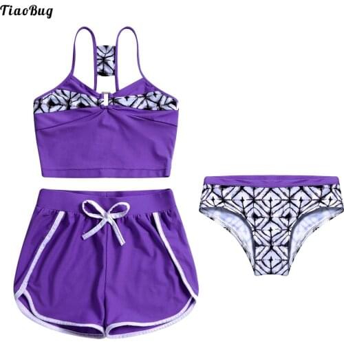 TiaoBug 3Pcs Kids Girls Summer Swimwear Sleeveless Cropped Tops With Shorts And Briefs Set Beach Bikini Bathing Swimsuit Tankini