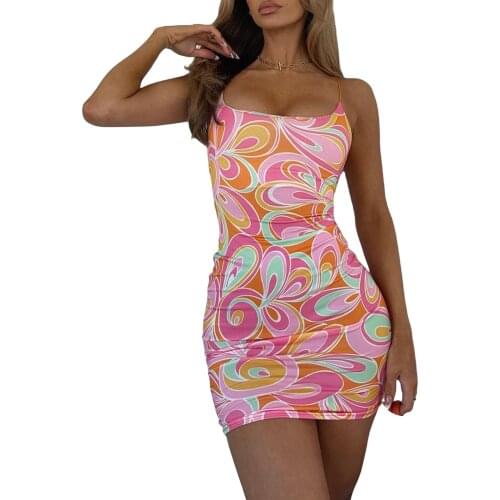Condole Of Italian Fabric Of Neck Of U Type Of Printing Of New Summer Pink Is Sexy And Pure And Fresh Bag Buttock Dress Girl
