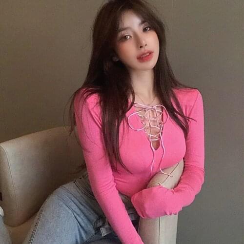 Women Hollow Out V Neck Sexy Sweet Slim T-shirt Cross Bandage Long Sleeved Tops Solid Color