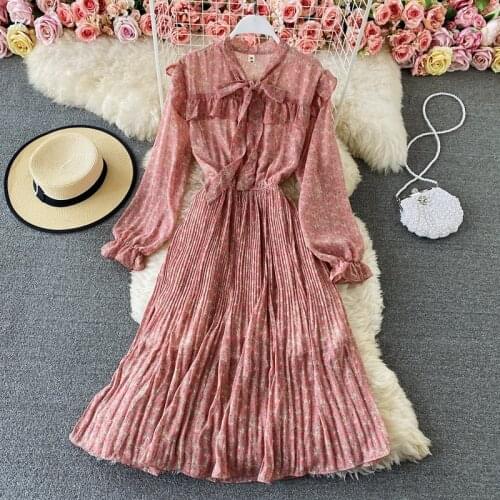 Womens Spring Summer Runway Fashion Bow Collar Print Chiffon Dress Female ChicTravel Beach Party Dress TB1898