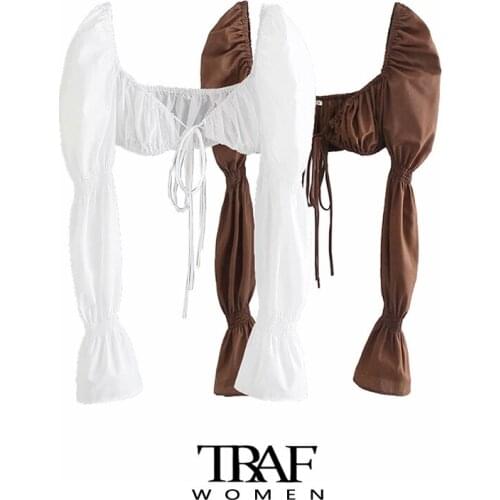 TRAF Za Women Sexy Fashion With Tied Cropped Blouses Vintage Long Sleeve Elastic Trims Female Shirts Chic Tops