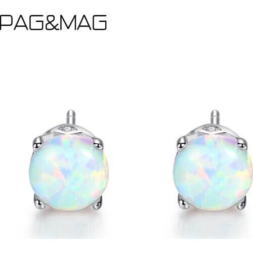 PAG&MAG Real 925 Sterling Silver White Natural Opal Stud Earrings For Women Vintage Style Silver Jewelry Anniversar Gift SE0278
