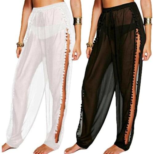 Women High Waist Pants Drawstring Side Slitting Fuzzy Ball Decor Bloomers Long Pants Fashion Solid Transparent Loose Trousers