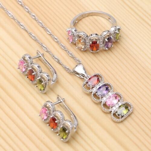 Silver 925 Jewelry Sets For Women Wedding Accessories Multicolor Cubic Zirconia Pendant Necklace Ring Stud Earrings