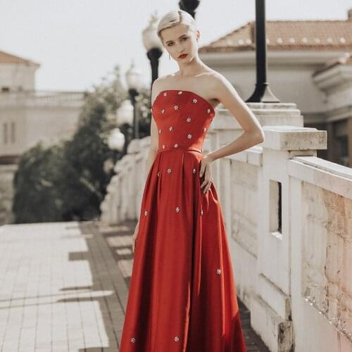 JUSERE Strapless Red Evening Dress Party dress with Sweep Train Long Robe de soiree elegant night dress