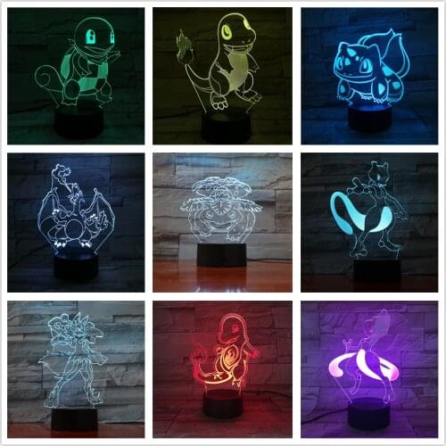 Pokemon Anime Figure 3D Lamp Charmander Squirtle Mewtwo Bulbasaur LED Figurine Pocket Monster Lampara Bedroom Decor Toys Dolls